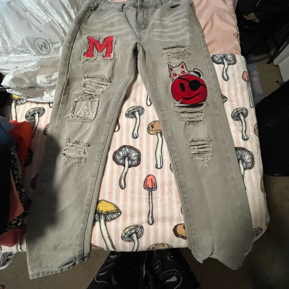 Gray Jeans with Red Patches